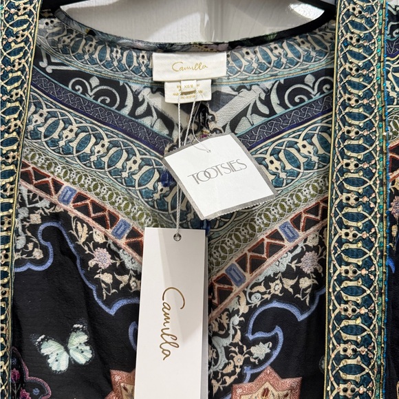 NWT Camilla Midnight in Monserrate Tie Front Blouson Sleeve Layer 100% Silk XS/S - Picture 2 of 4